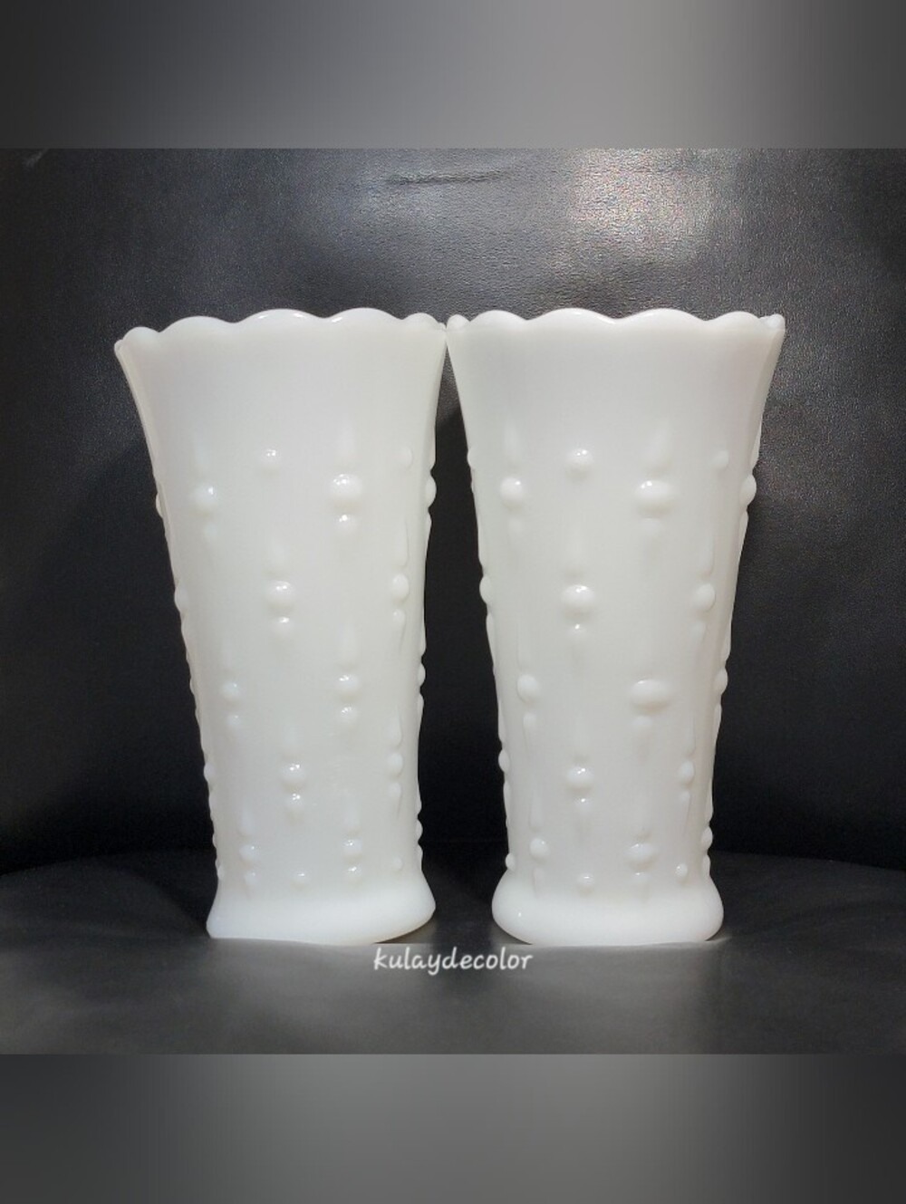 Vintage Milk Glass Tears & Pearls Scalloped Vases Pair White Bud Vases